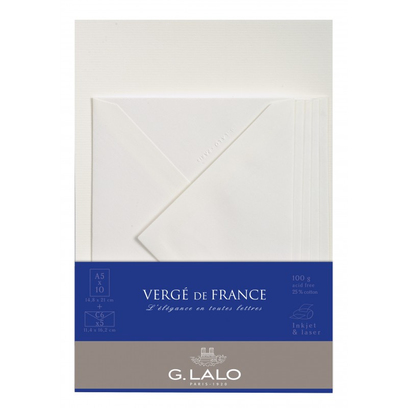 Set de   10 feuilles A5 et 5 enveloppes C6 Vergé blanc